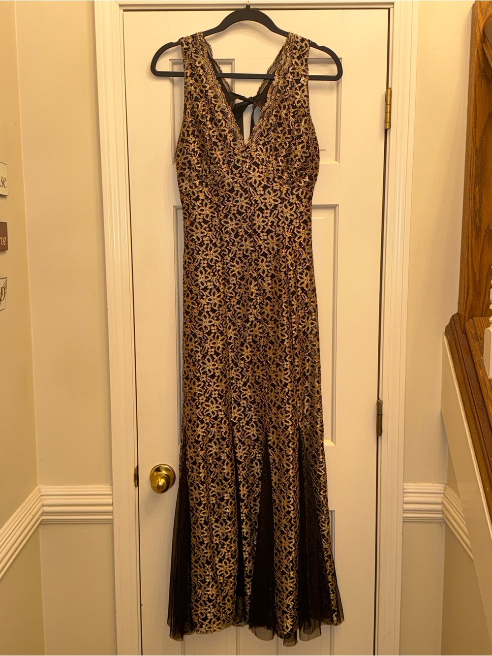 Candela Black Gold Embellished Lace Formal Maxi Gown Size S
